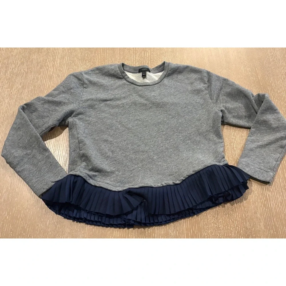 J.Crew Gray French Terry Sweatshirt Women's M Blue Pleated Ruffle Hem Top